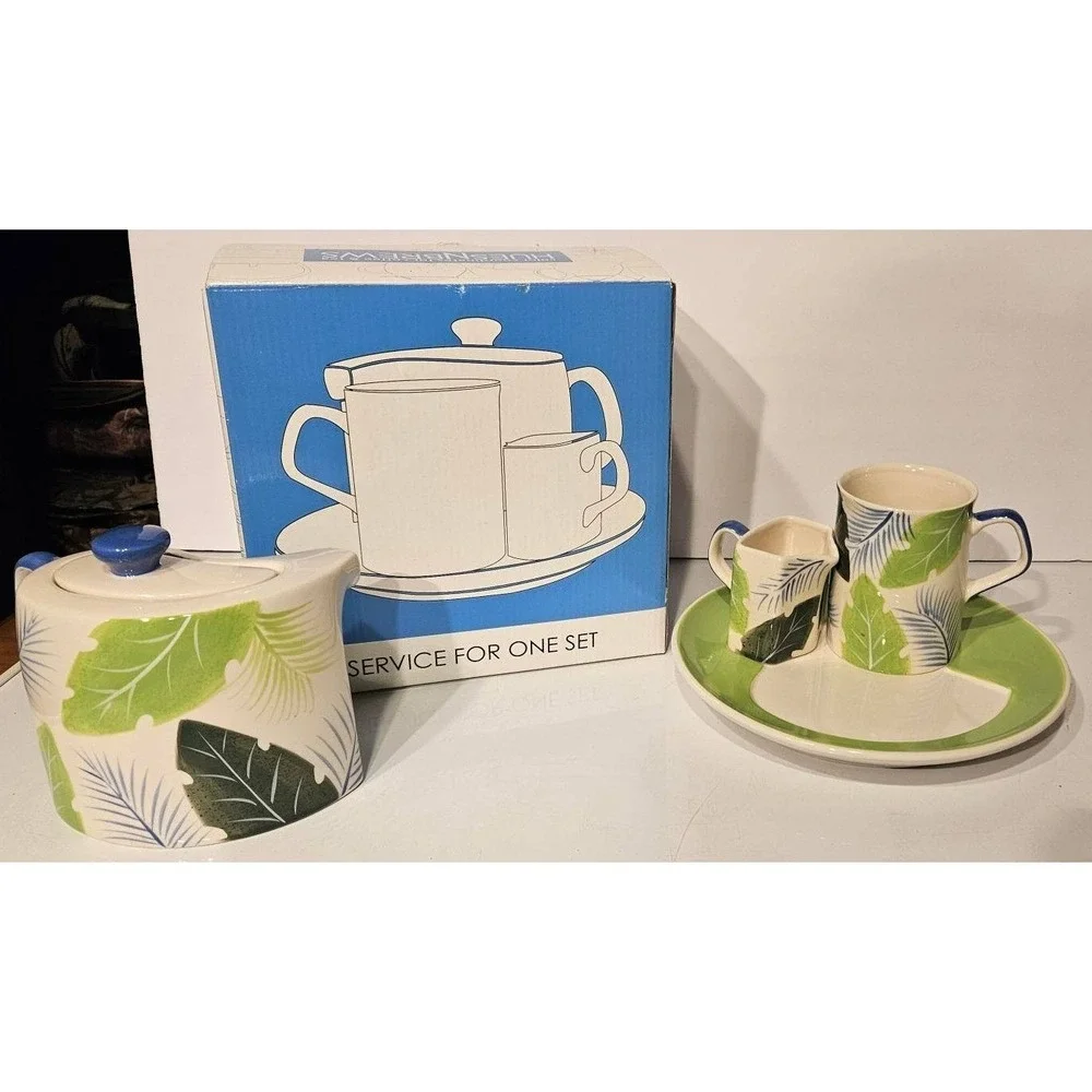 HuesNBrews Service For One‎ Tropical Leaf Ceramic Teapot Mug Creamer Set 403-373